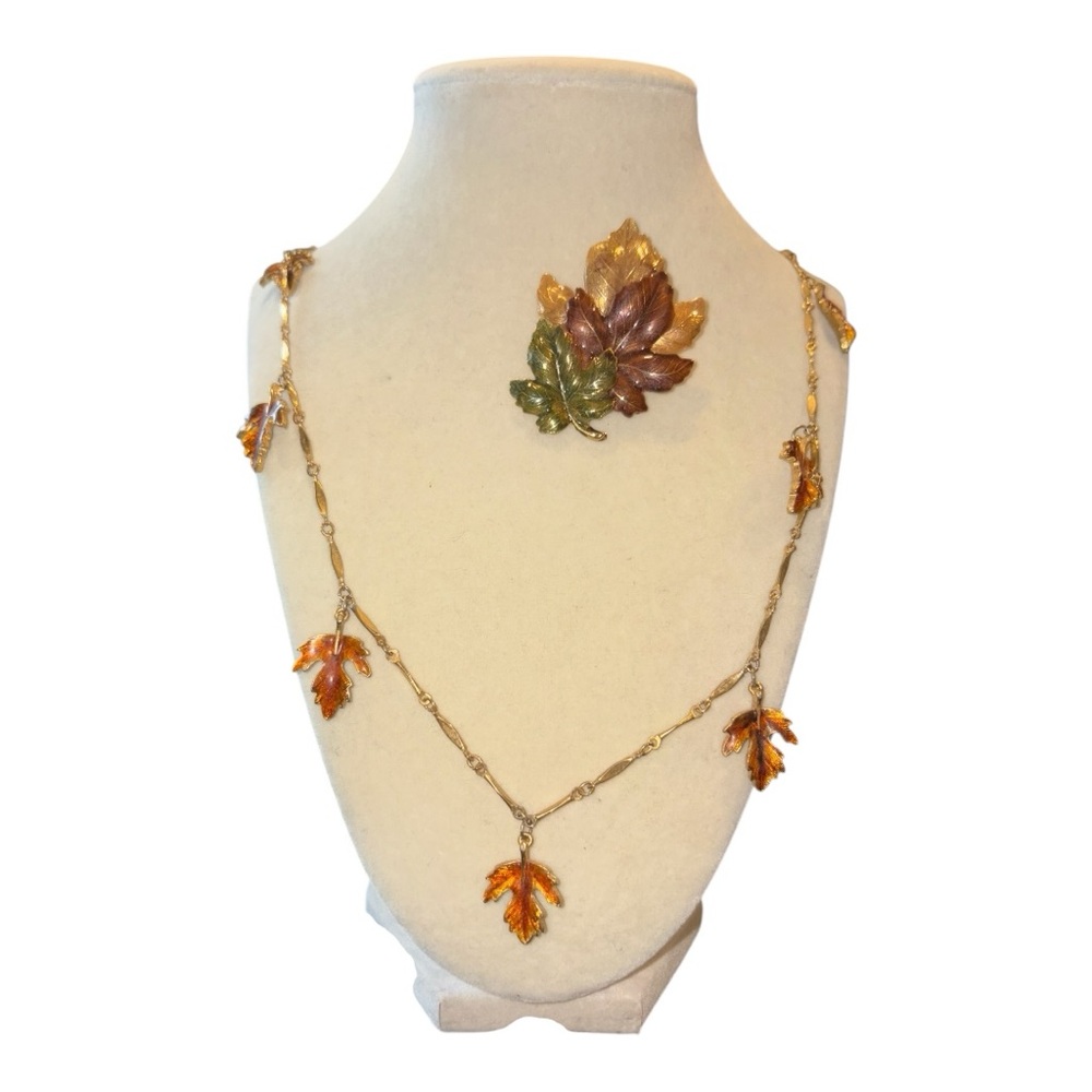 Vintage (1970s) necklace and brooch gold tone with fall colors. JB5